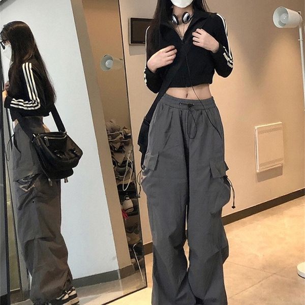 

women s pants s y2k women streetwear techwear cargo korean harajuku parachute track men tech sweatpants wide leg joggers trousers clothes lp, Black;white