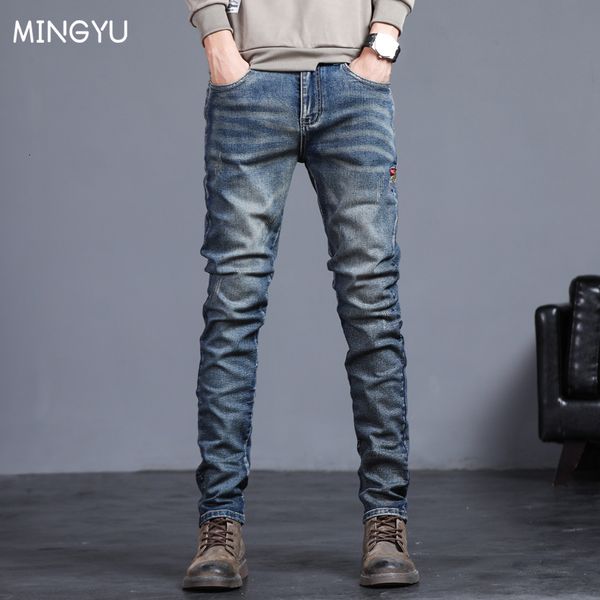 

men s jeans 2023 spring summer vintage blue solid color elastic classic men slim fashion denim trousers male 27 38 230330