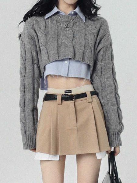 

houzhou cropped sweater women vintage preppy style slim casual long sleeve knit sweater with shirts y2k autumn korean streetwear p230331, Black