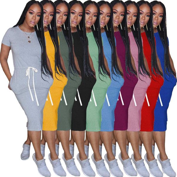 

dress elastic waist short sleeve solid color t shirt skirt midi ins, Black;gray