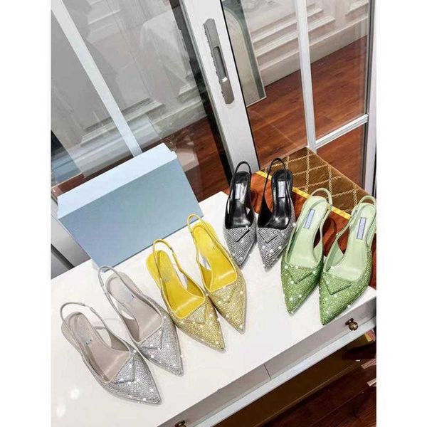 

brand casual 2022 summer new triangular buckle pointed rhinestone baotou sandals women's thin full of drill high heels, Black