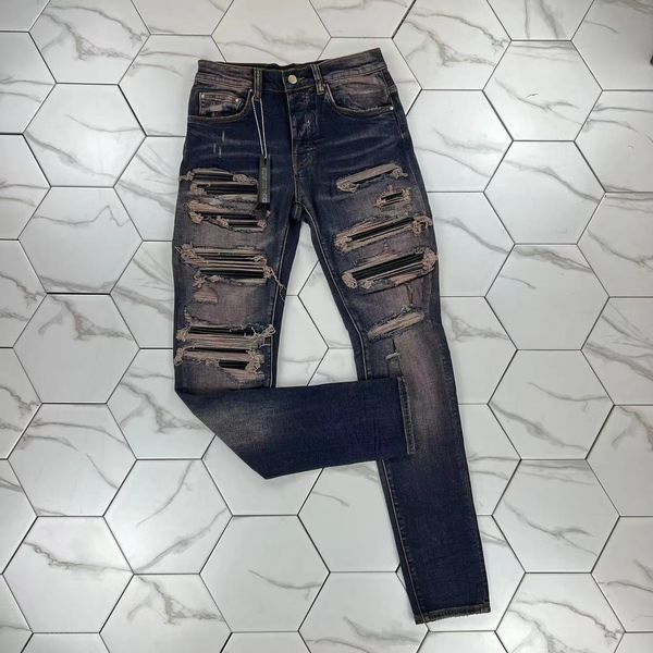

hm6166 mens jeans distressed motorcycle biker jean rock skinny slim ripped hole stripe fashionable snake embroidery denim pants, Blue