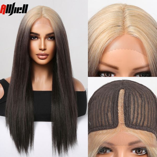

lace frontal wigs long straight ombre blonde to brown cosplay lace synthetic wig middle part for women daily use heat resistantf, Black