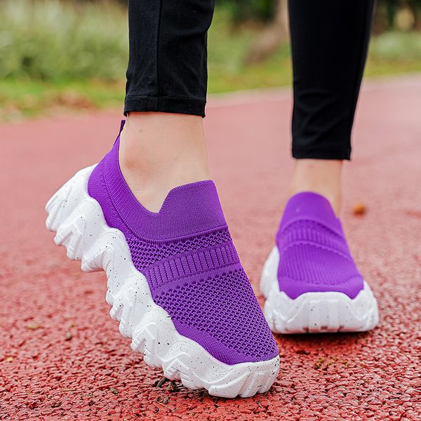

shoes women purple stretch fabric sneakers platform shoes ladies loafers breathable swing wedges shoes slip-on, Black