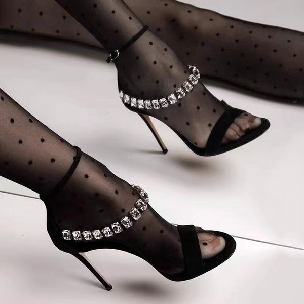 

french buckle strap rhinestone high heels 2023 new summer open toe stiletto temperament sandals, Black