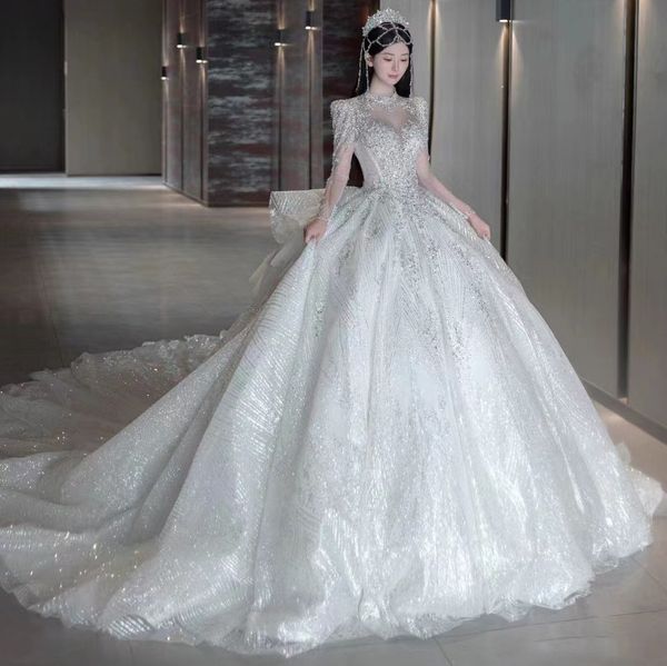 

modern ball gown wedding dress long sleeve plus size sequined crystal backless dress sash wed dress beach boho elegant garden country toddle, White