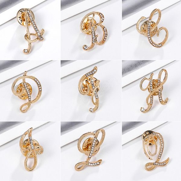 

a-z 26 initial letters crystal rhinestone brooches gold color english letters lapel pin for women girls fashion costume jewelry, Gray
