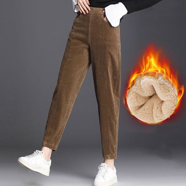 

women's pants capris thick plush corduroy coat casual women warm autumn winter trouser high waist all-match harem solid color trousers, Black;white