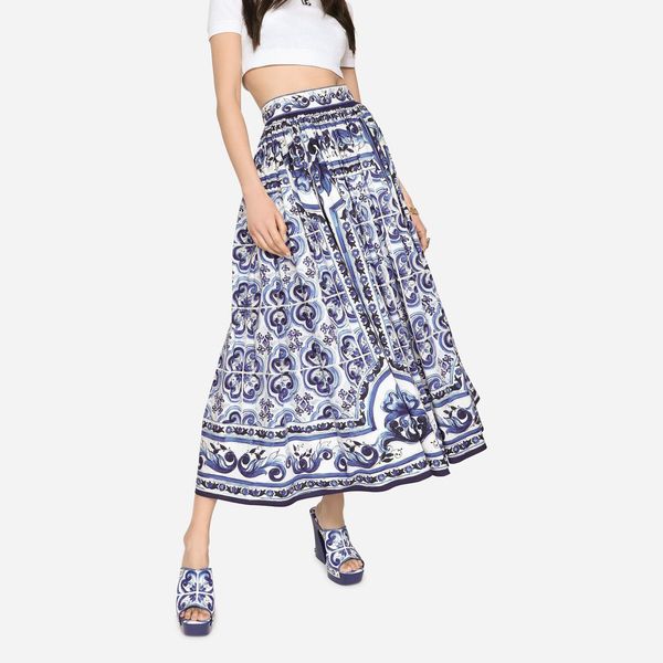 

a line skirt fashion band blue and white porcelain printed cotton skirt, Black
