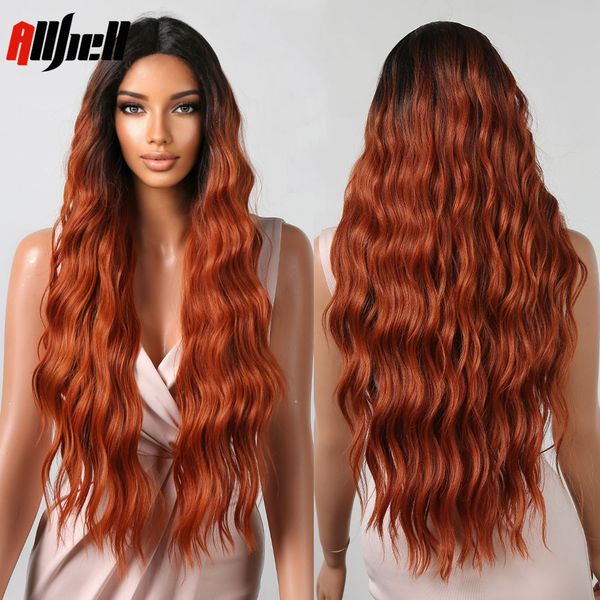

long red brown lace front synthetic wigs body wavy natural hair lace ombre wig middle part for women cosplay heat resistantfact, Black