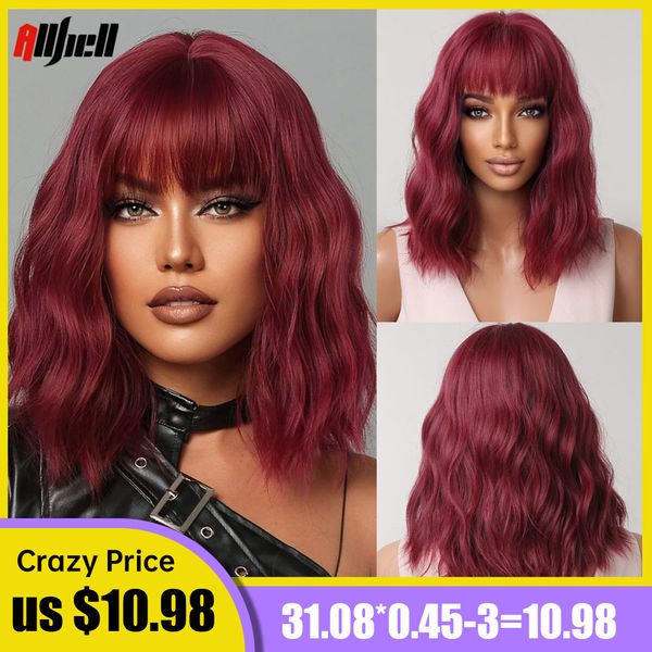 

wine red short wavy synthetic wigs with bangs bob wave wigs shoulder length for black women cosplay costume heat resistant wigfa
