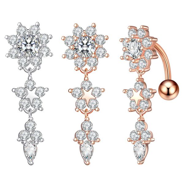 

flower star reverse navel piercing surgical steel crystal zircon belly button rings belly piercing nombril 1.6mm*10mm, Silver