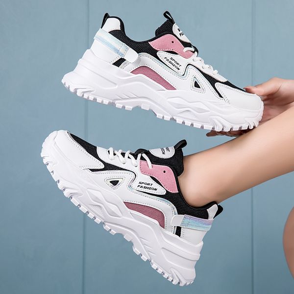 

platform daddy shoes women white sport shoes platform chunky sneakers women thick-soled patchwork shoes casual running, Black