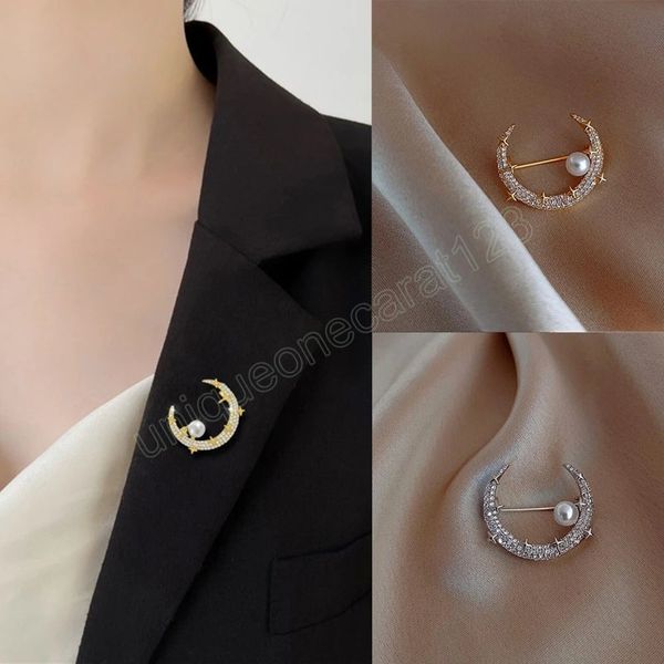 

fashion design flash rhinestone moon star imitation pearl brooch fashion temperament clothes accessories party jewelry gifts, Gray
