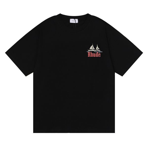 

american casual loose sailing letter print cotton men crewneck t shirt, White;black