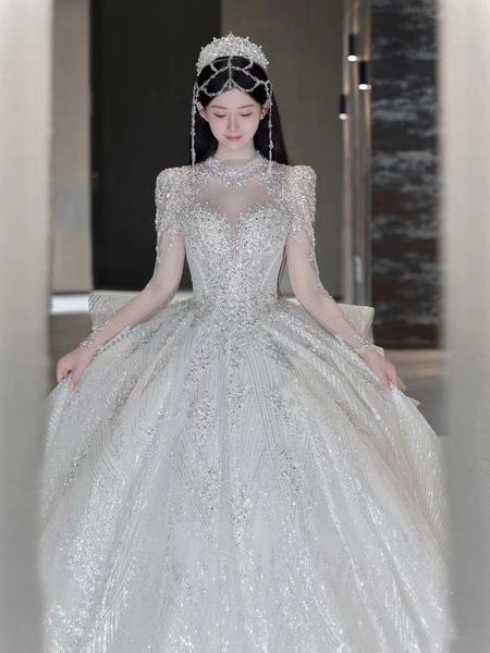 

luxury wed dress for bride sparkly shiny gown long sleeve wedding dresses bridal gowns arabic dubai cathedral train custom made backless bli, White
