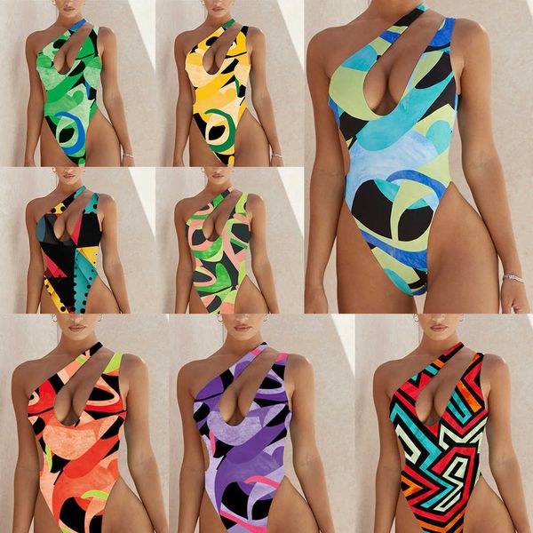 

designer bikini swimsuit women summer designer one piece bikini hollow print single shoulder strap swimsuits swimming swimwear px0729 fashio, Black