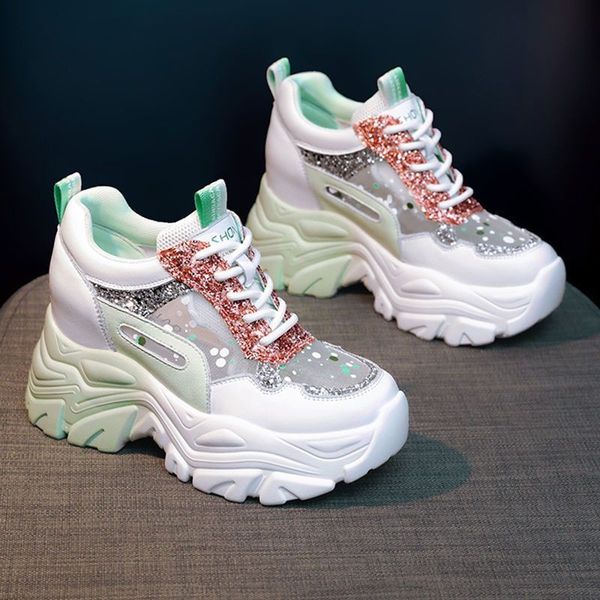

platform sneakers breathable super high heel women shoes lace up mixed color platform chunky sneakers zapatillas mujer, Black