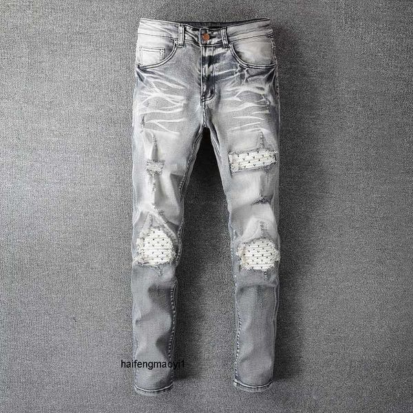 

ripped cool amirs hip pants men's stylish leisure jeans brand casual designer hop high fashion street worn washed ink color painting sl, Blue