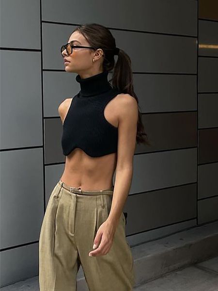 

women's tanks camis y2k black knitting turtleneck crop women irregularity skinny elasticity tank fashion club streetwear 230428, White