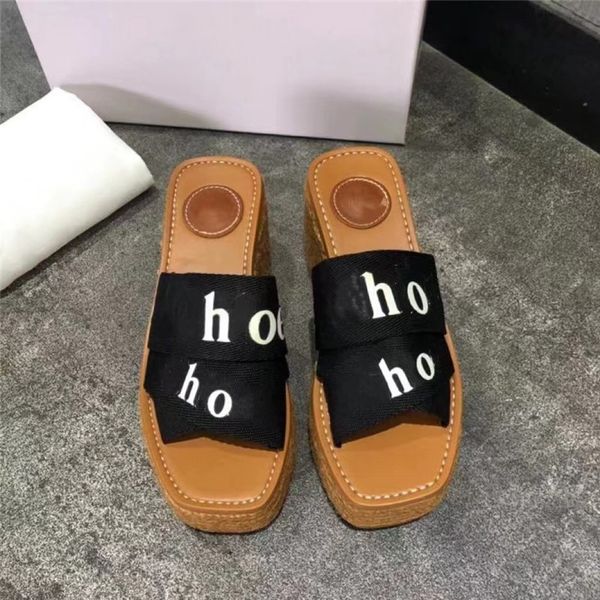 

2023 new ladies slippers summer outer wear thick sole letter print cross webbing wedge canvas sandals roman style fashion classic women&#039, Black