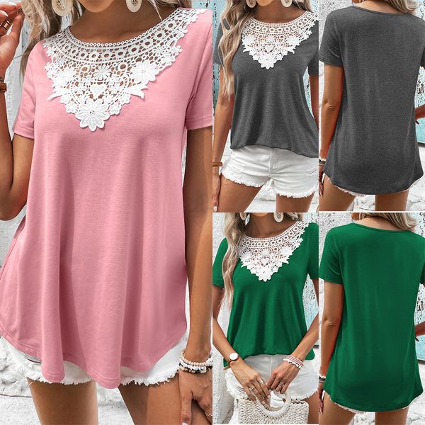 

women's casual short sleeve t-shirt with lace and cutout design, White