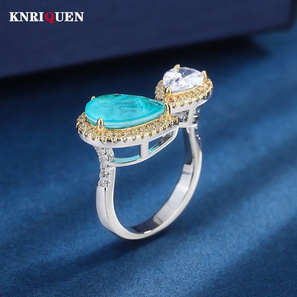 

solitaire ring vintage 8*12mm paraiba tourmaline z adjustable rings for women party cocktail fine jewelry ring anniversary gift accessories, Golden;silver