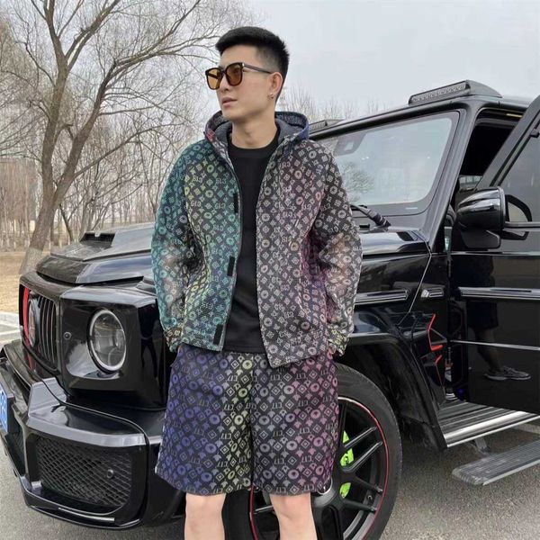 

summer trendy men's double layered gradient technology mesh hollowed out hooded casual coat fashion sun proof vest shorts set, Gray