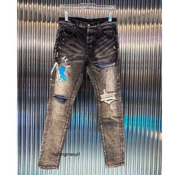 

men039s amirs new washed and jeans worn black lettered printed embroidery legged hol slim fit fashion1518105, Blue