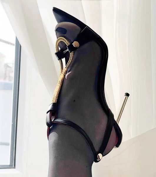 

2023 designer pointy toe ladies high heel sandals women metal chain stiletto shoes summer runway party wedding shoes women, Black