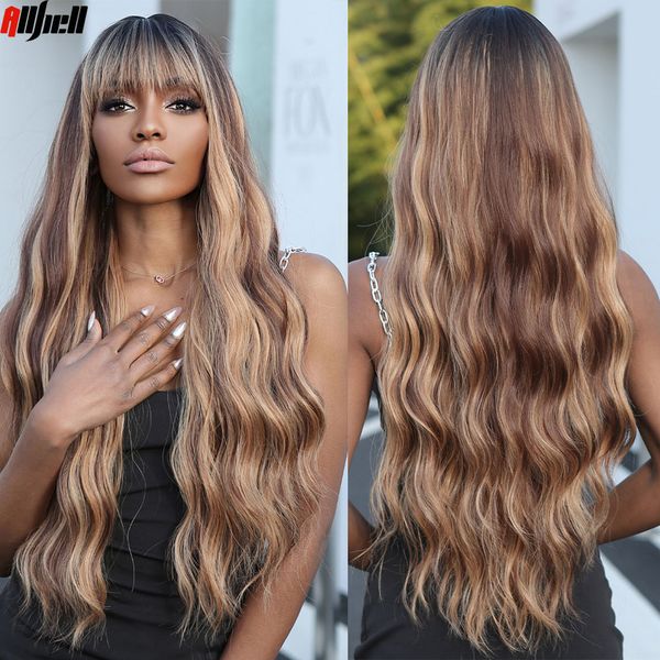

long wavy brown blonde highlight synthetic wig with bangs for black women wigs dark root cosplay party hair heat resistant daily