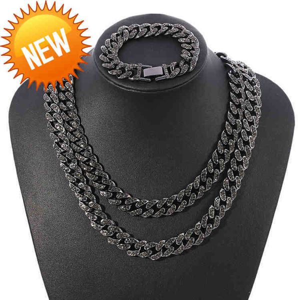 

wholesale black 13mm iced out cubic zircon diamond cz cuban link chain miami cuba necklace bracelet hip hop jewelry for men, Silver