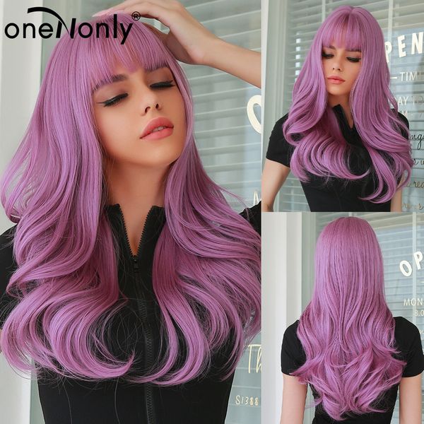 

long purple wig with bangs natural wave heat resistant wavy hair synthetic wigs for women lolita cosplayfactory direct, Black