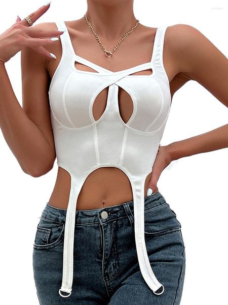 

women's tanks women summer cross strap front tank sleeveless wrapped hollw-out irregular hem busteier vest for cocktail party, White