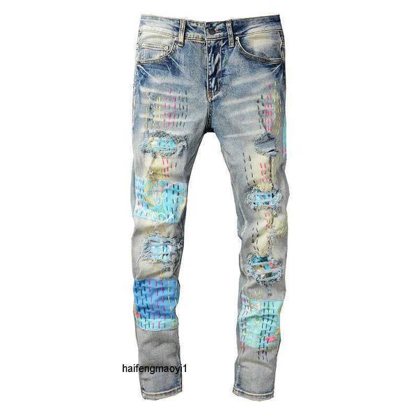 

men's jeans designer fashion pants cool stylish leisure ripped brand high street trend young amirs craft hole patch color elastic slim, Blue