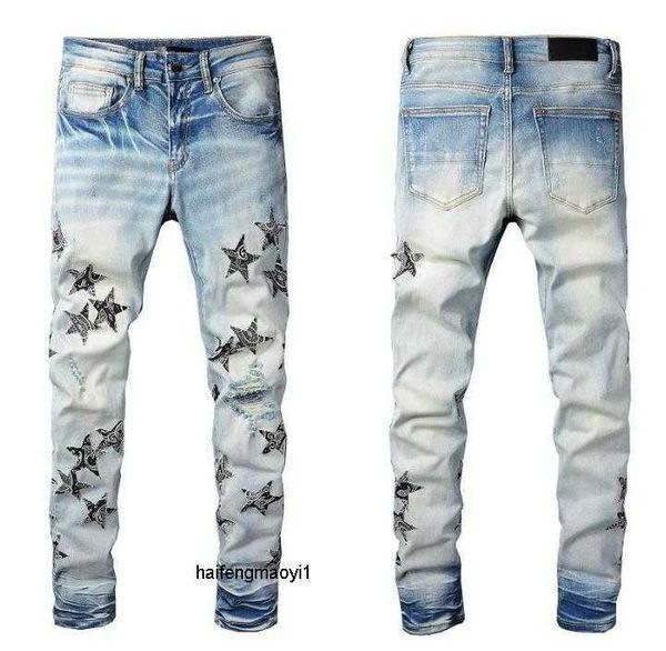 

trousers amirs jeans designer mens denim embroidery pants fashion holes trouser hip hop distressed zipper for male yh07r131 r131 o1mk, Blue