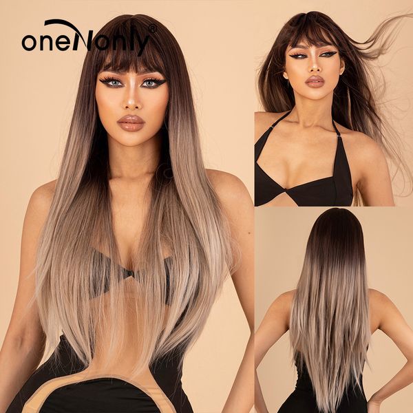 

synthetic wigs long straight brown ombre blonde wig with bangs for women cosplay daily natural hair heat resistantfactory direc, Black