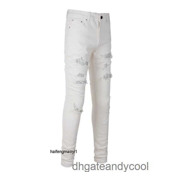 

fashion jeans designer pants man european american amirs brand light luxury broken hole denim drill washed jeans slim fit small straight tub, Blue