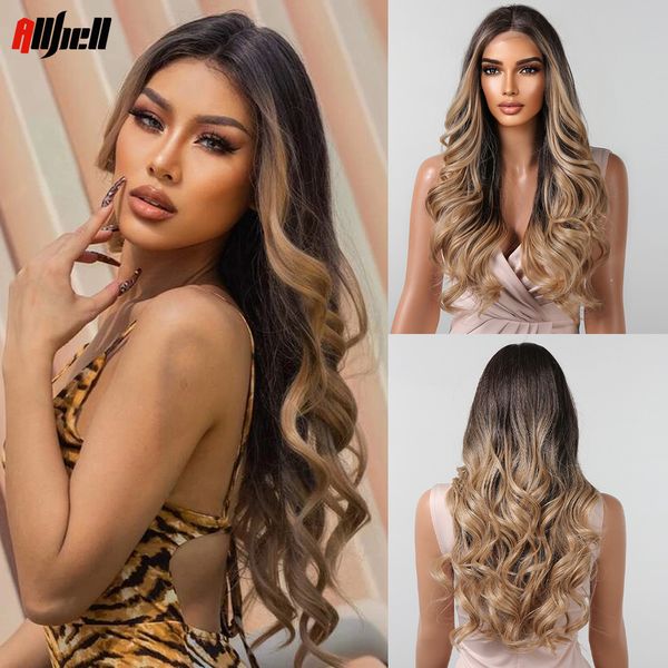 

long lace front synthetic wigs hair brown to blonde ombre natural wavy lace wig middle part heat resistant for women daily usef, Black