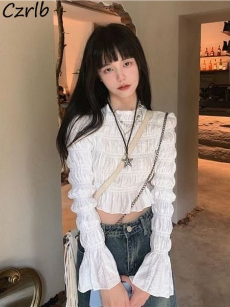 

women's blouses shirt crops trendy pure color student lovely flare sleeve all match slim chic femme korean style holiday 230428, White