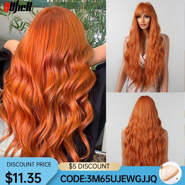 

long wavy orange colorful cosplay wigs deep wave copper ginger synthetic wig bang hair for black women wig party heat resistantf