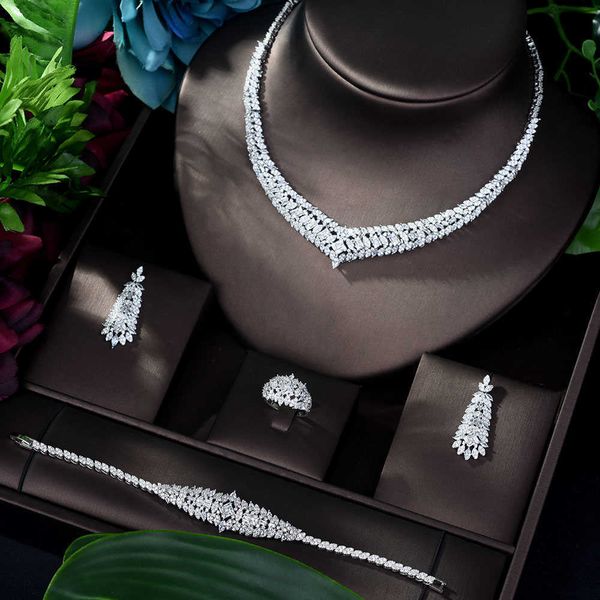 

link, chain exclusive dubai white jewellery set luxury cubic zirconia necklace earring bracelet party jewelry set for women, Black