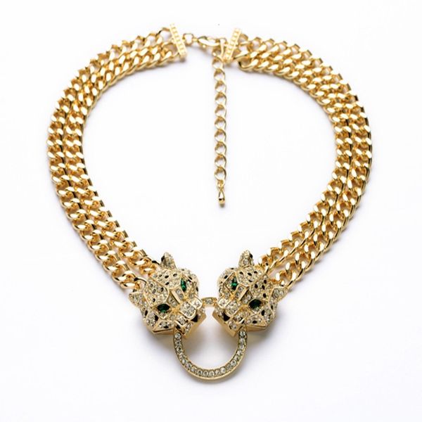 

chokers fashion jewelry crystal setting chokers necklace double layer chain leopard head pendant necklace women gift wholesale 230428, Golden;silver