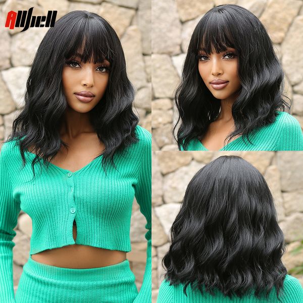 

short wavy natural black synthetic wigs with bang shoulder length bob wig for women party lolita wig hair heat resistant cosplay