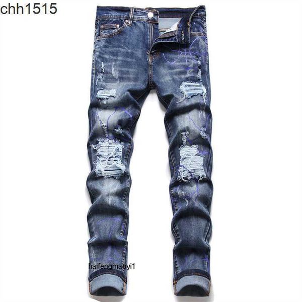 

amirs denim white style brand jeans slim fit men's elastic hole sticker, Blue