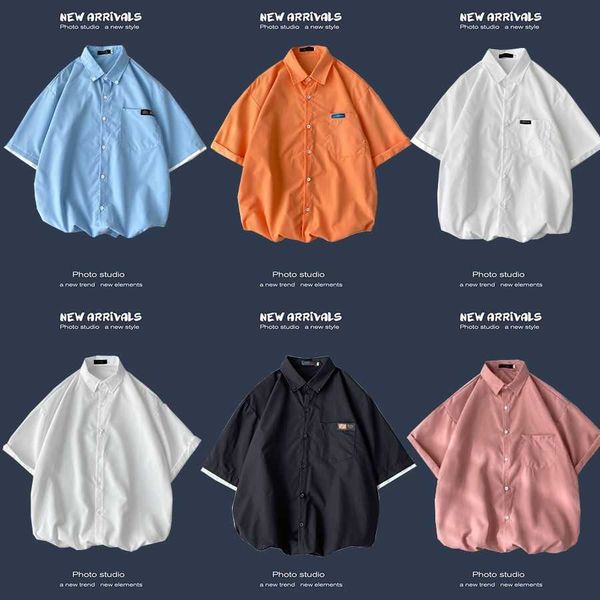 

kobpt summer short sleeve shirt men's trend casual couple loose solid color shirt versatile and handsome coat, White;black