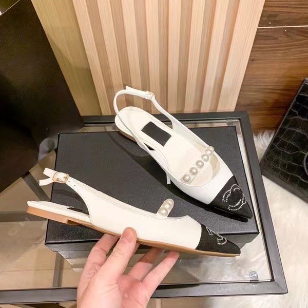 

box sandals women slingback low heel pearl pairing pointed toe dress pumps shoes luxury leather slipper fit many different dressing occasion, Black