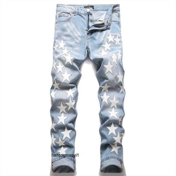 

pants ripped white fashion amirs cool stylish leisure men's brand style punk blue jeans designer slim fit elastic embroidery five star