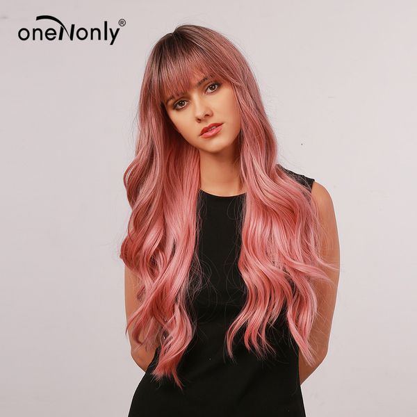 

long body wave ombre pink synthetic wigs with neat bangs dark roots for women cosplay natural hair heat resistantfactory direct, Black