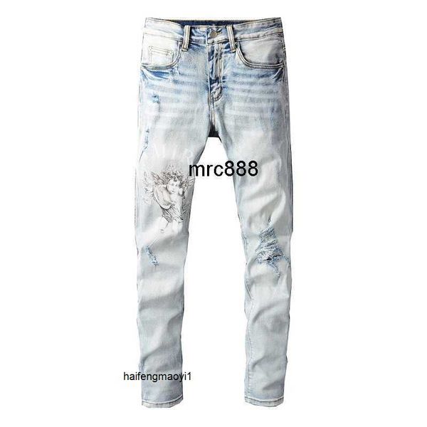 

jeans printed amirs personality high elastic street men's fashion patch brand hole four slim season fit pants, Blue